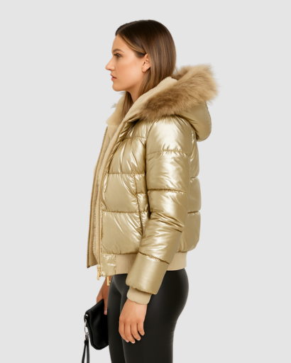 Women’s shiny puffer jacket with fur-trimmed hood - elegance and warmth
