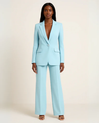Women's elegant suit with fitted blazer and straight trousers — chic professional set