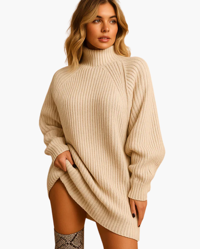 Women’s sweater dress with high neck and long sleeves