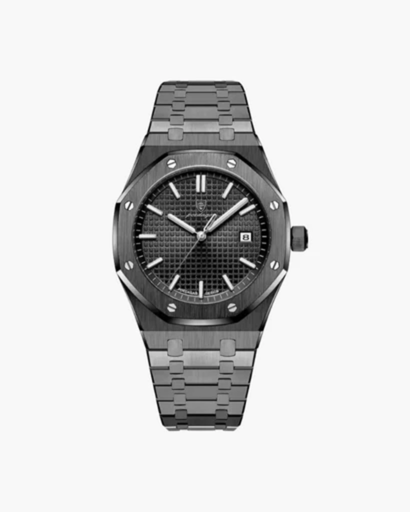 Men's elegant watch with integrated bracelet — structured design and date display