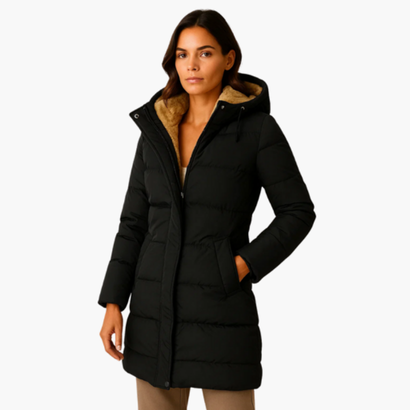 Women’s Long Hooded Puffer Coat – Warm & Elegant