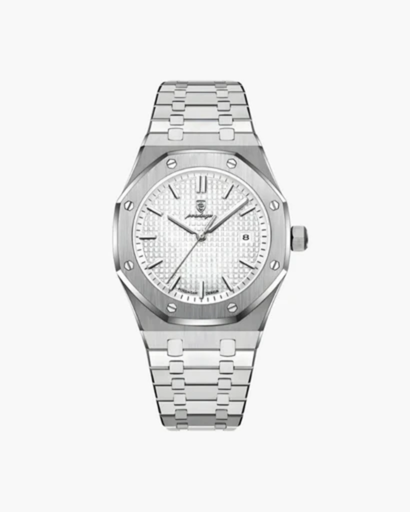Men's elegant watch with integrated bracelet — structured design and date display