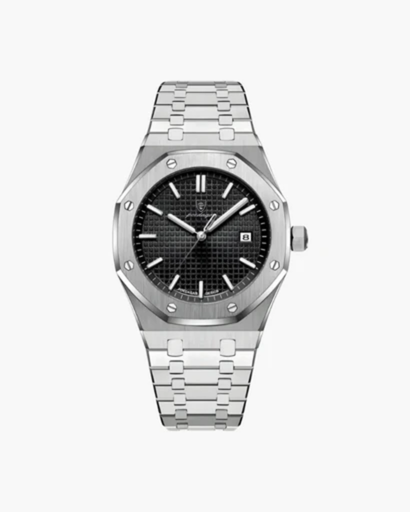 Men's elegant watch with integrated bracelet — structured design and date display