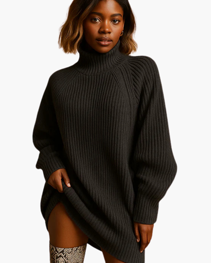 Women’s sweater dress with high neck and long sleeves