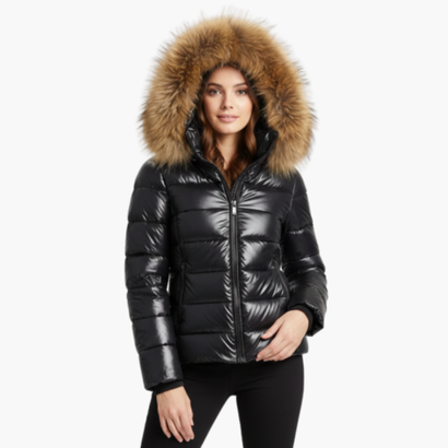 Shiny Women’s Puffer Jacket with Hood & Faux Fur – Ultra Warm