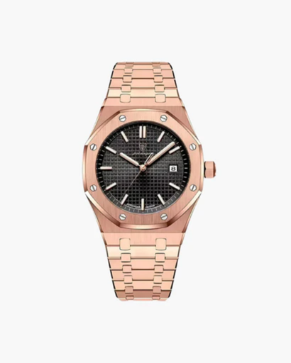 Men's elegant watch with integrated bracelet — structured design and date display