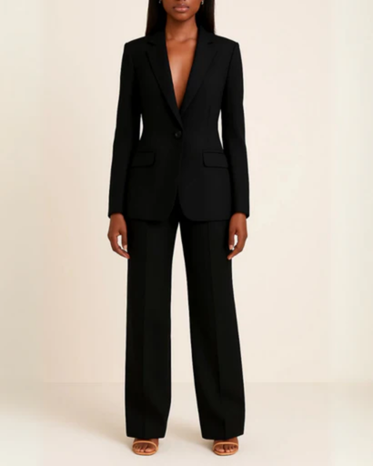 Women's elegant suit with fitted blazer and straight trousers — chic professional set