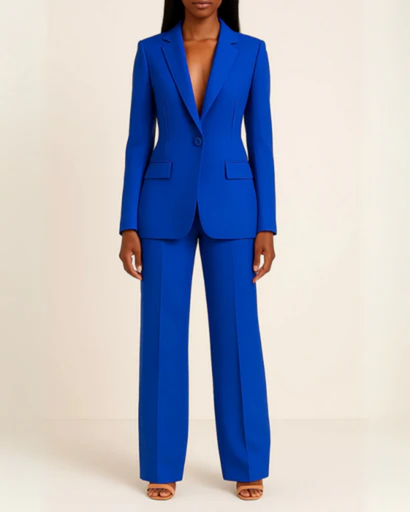 Women's elegant suit with fitted blazer and straight trousers — chic professional set