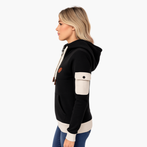 Women's Zip-Up Hoodie with Sleeve Pocket – Comfortable Sporty Chic Pullover