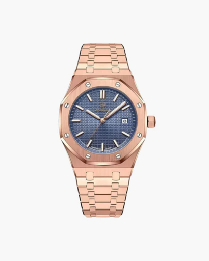 Men's elegant watch with integrated bracelet — structured design and date display