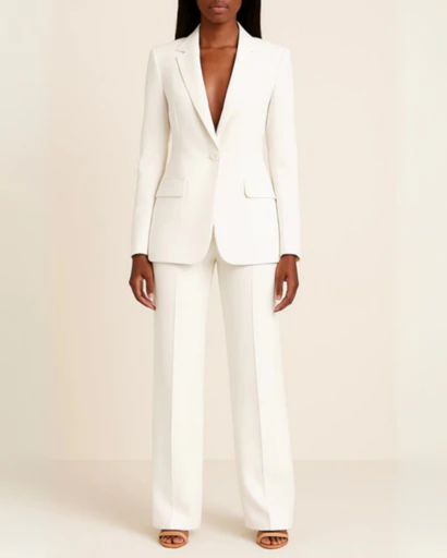 Women's elegant suit with fitted blazer and straight trousers — chic professional set