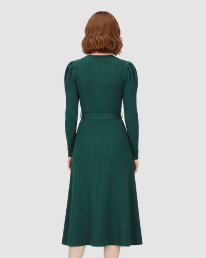 Women’s knitted midi dress with belt and long sleeves