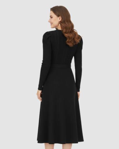 Women’s knitted midi dress with belt and long sleeves
