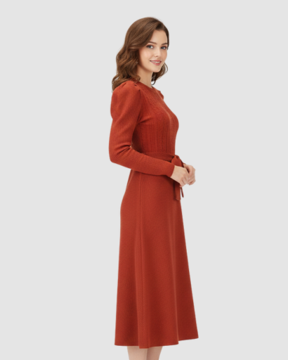 Women’s knitted midi dress with belt and long sleeves