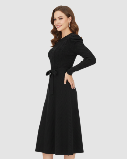 Women’s knitted midi dress with belt and long sleeves