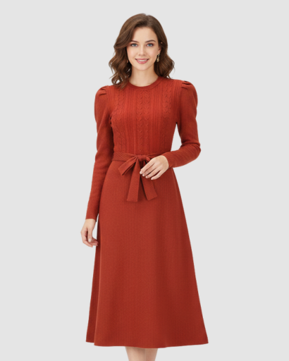 Women’s knitted midi dress with belt and long sleeves