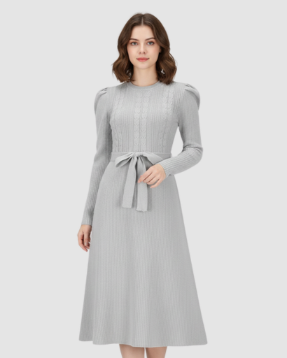 Women’s knitted midi dress with belt and long sleeves