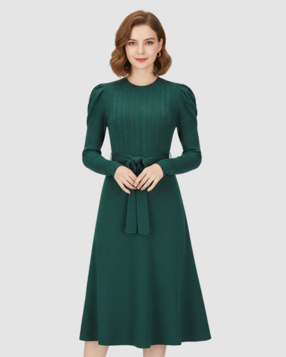 Women’s knitted midi dress with belt and long sleeves
