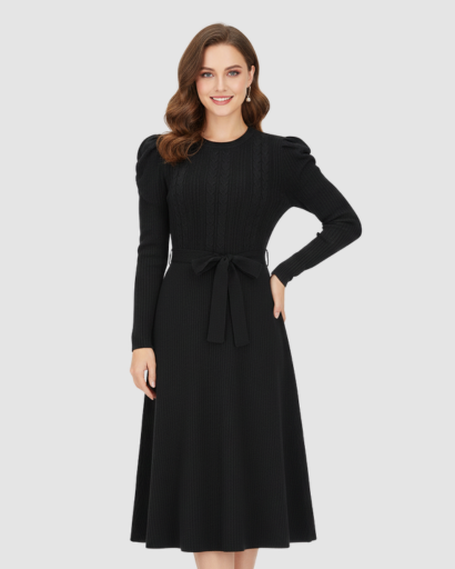 Women’s knitted midi dress with belt and long sleeves
