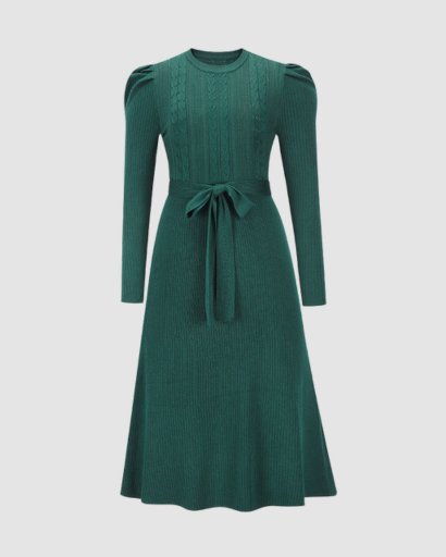 Women’s knitted midi dress with belt and long sleeves