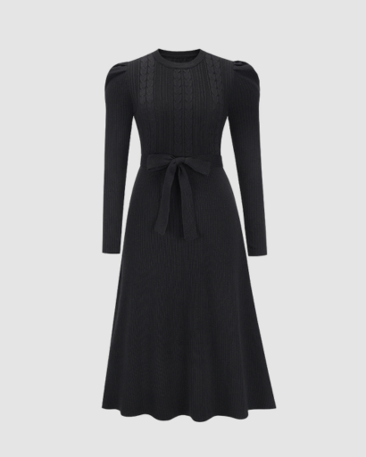 Women’s knitted midi dress with belt and long sleeves