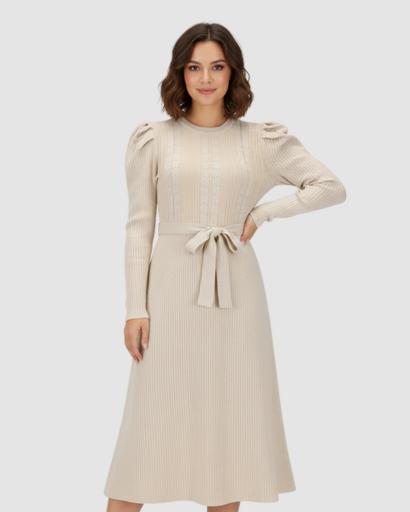 Women’s knitted midi dress with belt and long sleeves