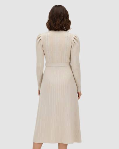Women’s knitted midi dress with belt and long sleeves