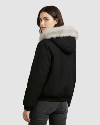 Women’s cropped fur-collar jacket – oversized fit, snap fastening & winter style