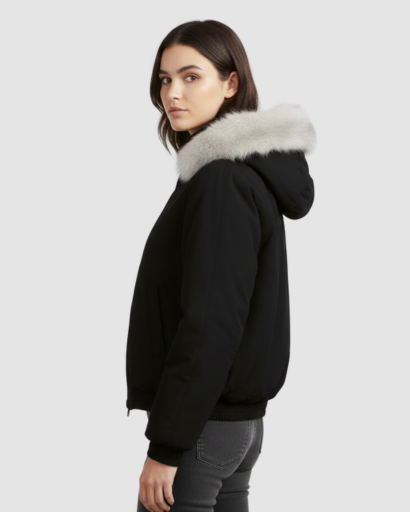 Women’s cropped fur-collar jacket – oversized fit, snap fastening & winter style