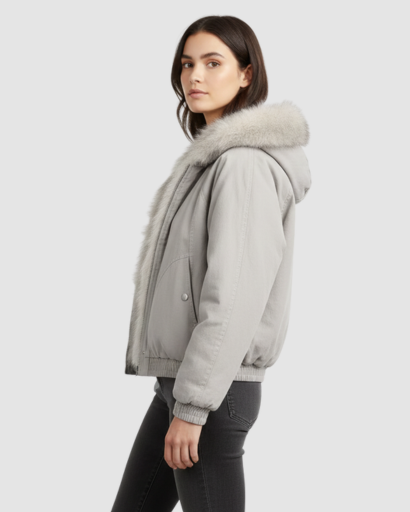 Women’s cropped fur-collar jacket – oversized fit, snap fastening & winter style