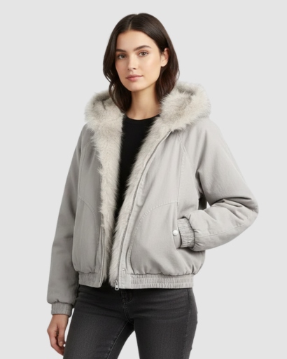 Women’s cropped fur-collar jacket – oversized fit, snap fastening & winter style