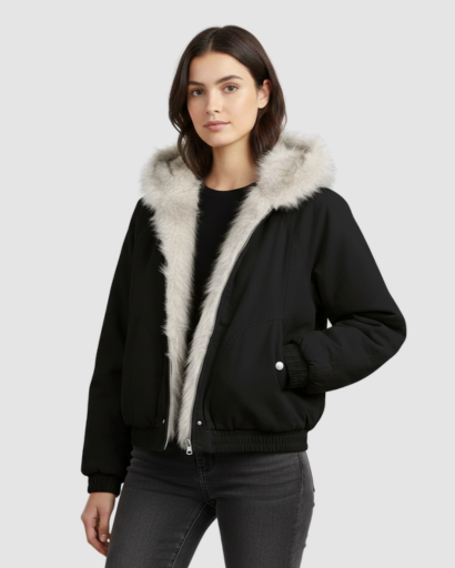 Women’s cropped fur-collar jacket – oversized fit, snap fastening & winter style