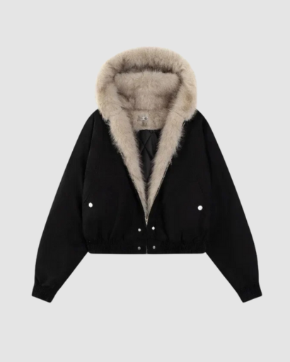 Women’s cropped fur-collar jacket – oversized fit, snap fastening & winter style