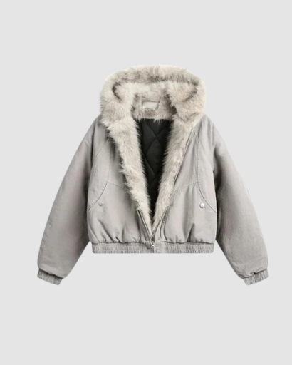 Women’s cropped fur-collar jacket – oversized fit, snap fastening & winter style
