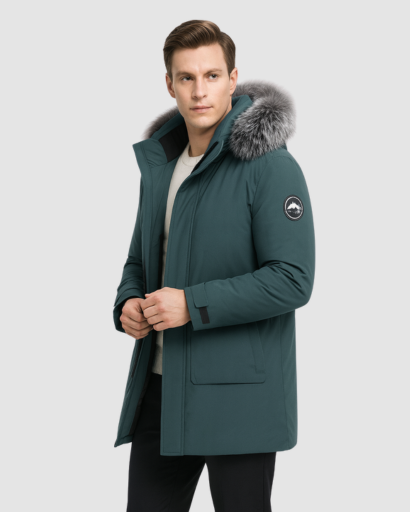 Men’s long hooded parka – fur collar, warm fit & winter style