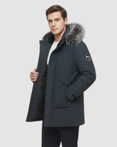 Men’s long hooded parka – fur collar, warm fit & winter style
