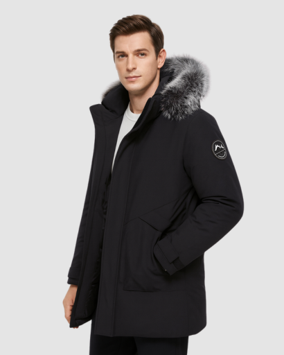 Men’s long hooded parka – fur collar, warm fit & winter style