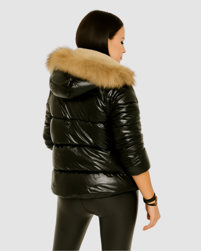 Women’s shiny puffer jacket with fur-trimmed hood - elegance and warmth