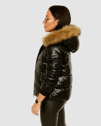 Women’s shiny puffer jacket with fur-trimmed hood - elegance and warmth