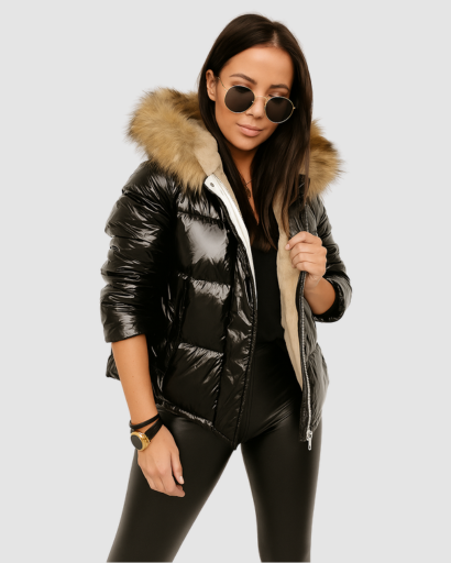 Women’s shiny puffer jacket with fur-trimmed hood - elegance and warmth