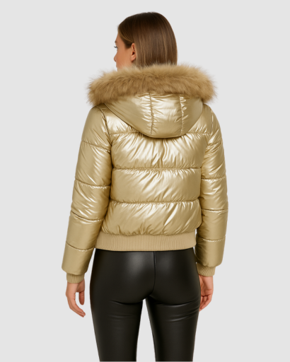 Women’s shiny puffer jacket with fur-trimmed hood - elegance and warmth
